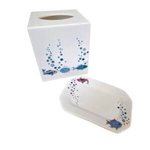 Set 2 Bathroom Accessories Fish Bubble Tissue Soap Dish Porcelain Marked M Blue